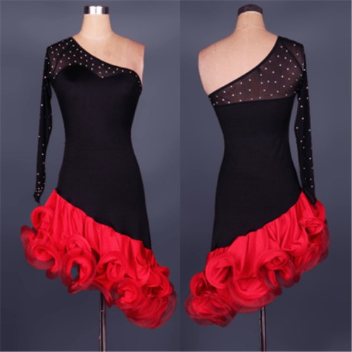 Black red black fuchsia rhinestones one shoulder women's girl's competition salsa cha cha rumba latin dance dresses